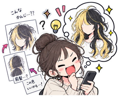 参考画像を見比べて、なりたい髪型を思い浮かべる様子のイラスト
