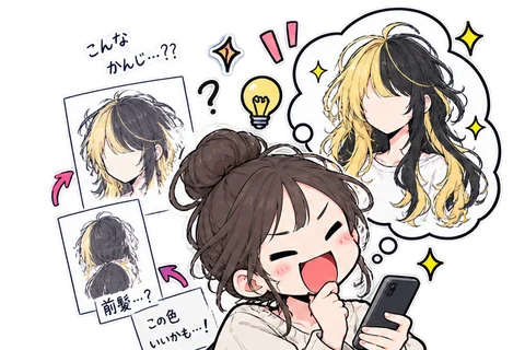参考画像を見比べて、なりたい髪型を思い浮かべる様子のイラスト