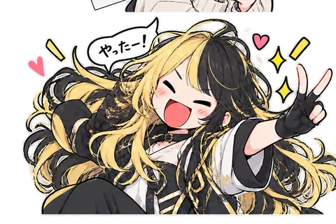 仕上がったウィッグをかぶって喜ぶ様子のイラスト