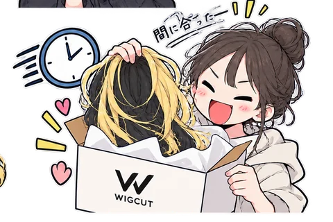 届いたウィッグを箱から出して喜ぶ様子のイラスト
